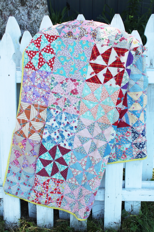 photo of handmade vintage bow tie patchwork quilt colorful cotton prints & feedsack fabric #4