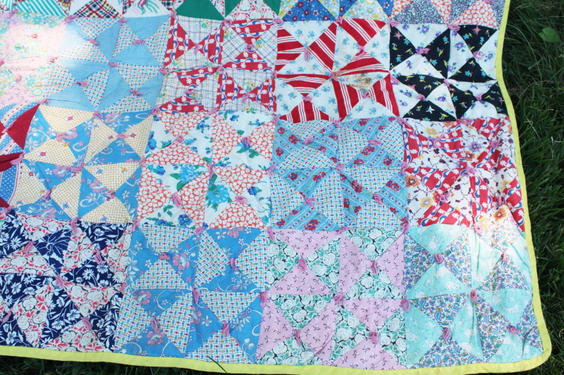 photo of handmade vintage bow tie patchwork quilt colorful cotton prints & feedsack fabric #6