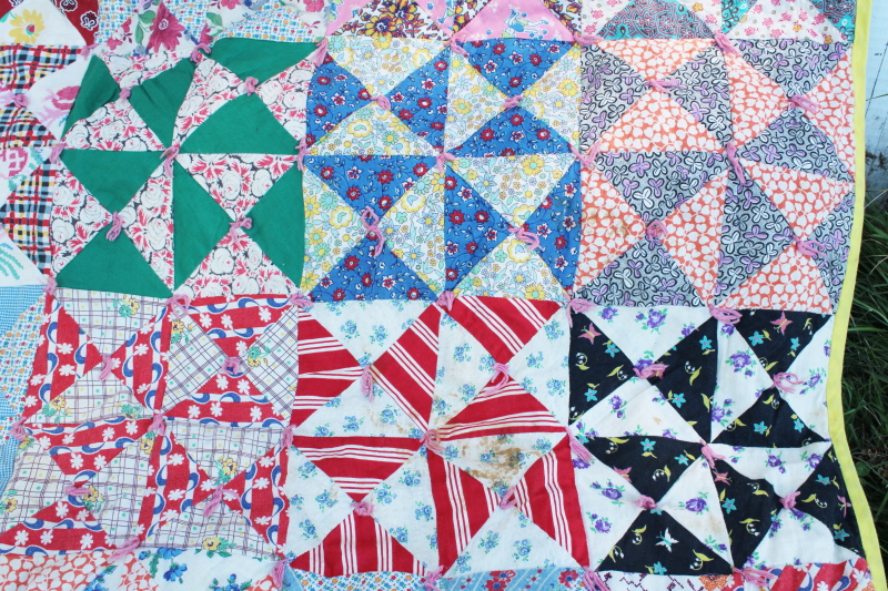 photo of handmade vintage bow tie patchwork quilt colorful cotton prints & feedsack fabric #8