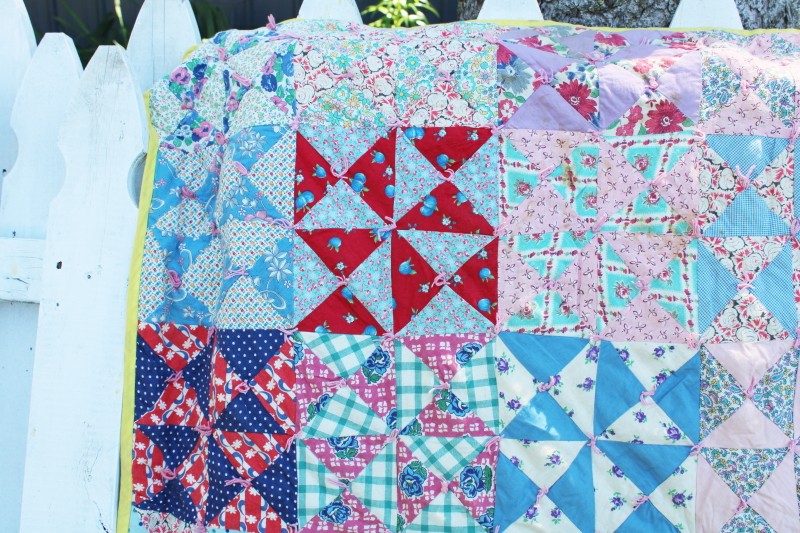 photo of handmade vintage bow tie patchwork quilt colorful cotton prints & feedsack fabric #10