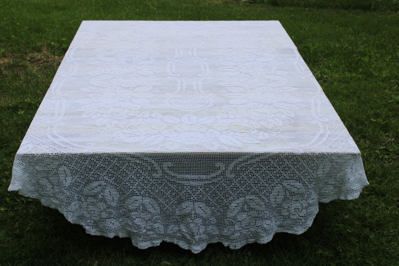 photo of handmade vintage cotton crochet lace tablecloth, large oval 110 x 80 needs soaking #1