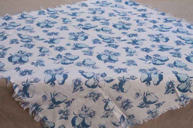 photo of handmade vintage cotton feedsack print kitchen tablecloth, blue & white strawberry print #1