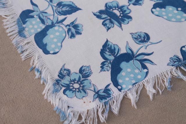 photo of handmade vintage cotton feedsack print kitchen tablecloth, blue & white strawberry print #2