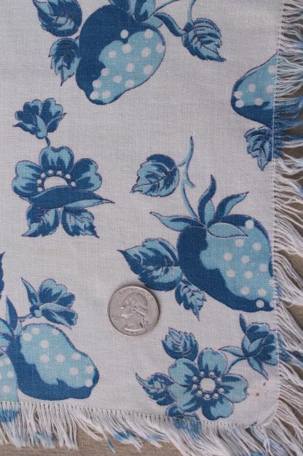 photo of handmade vintage cotton feedsack print kitchen tablecloth, blue & white strawberry print #3