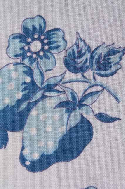 photo of handmade vintage cotton feedsack print kitchen tablecloth, blue & white strawberry print #5