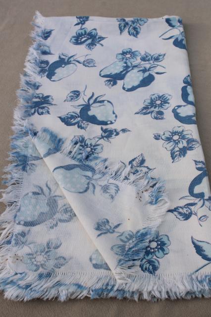 photo of handmade vintage cotton feedsack print kitchen tablecloth, blue & white strawberry print #6