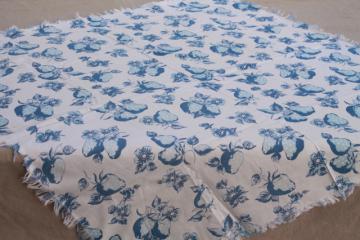 catalog photo of handmade vintage cotton feedsack print kitchen tablecloth, blue & white strawberry print