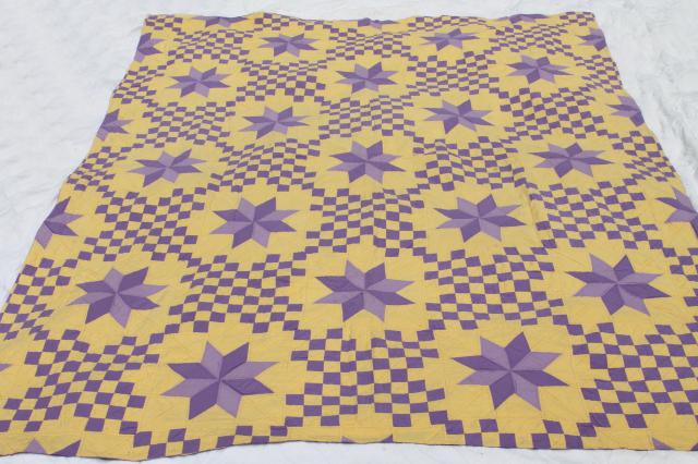 photo of handmade vintage cotton quilt star pattern in lemon yellow & grape purple lavender #1