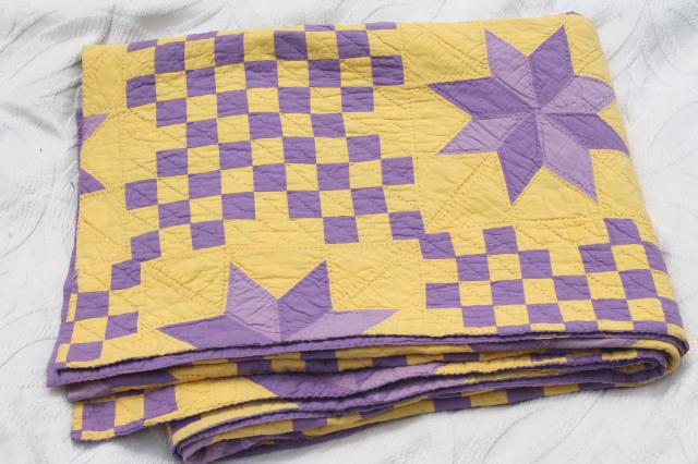 photo of handmade vintage cotton quilt star pattern in lemon yellow & grape purple lavender #4