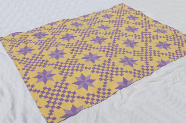 photo of handmade vintage cotton quilt star pattern in lemon yellow & grape purple lavender #5