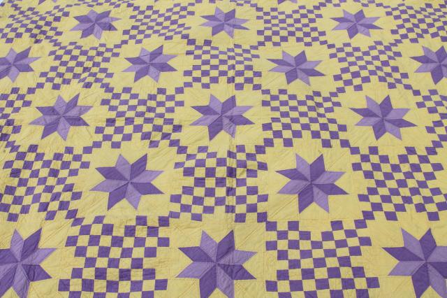 photo of handmade vintage cotton quilt star pattern in lemon yellow & grape purple lavender #6