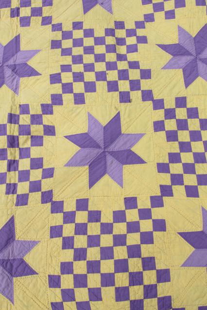 photo of handmade vintage cotton quilt star pattern in lemon yellow & grape purple lavender #7