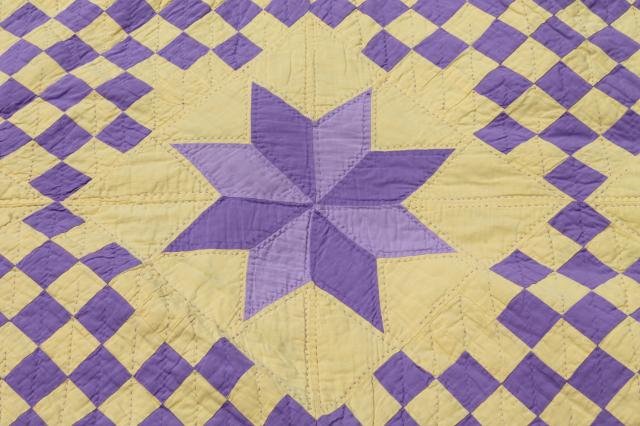 photo of handmade vintage cotton quilt star pattern in lemon yellow & grape purple lavender #8