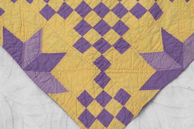 photo of handmade vintage cotton quilt star pattern in lemon yellow & grape purple lavender #9