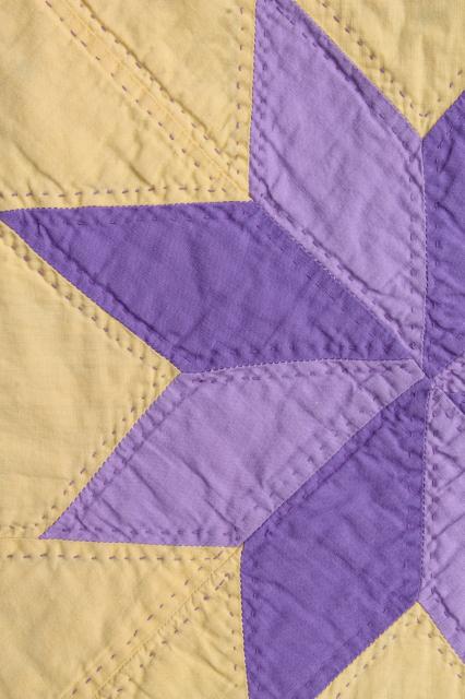 photo of handmade vintage cotton quilt star pattern in lemon yellow & grape purple lavender #10