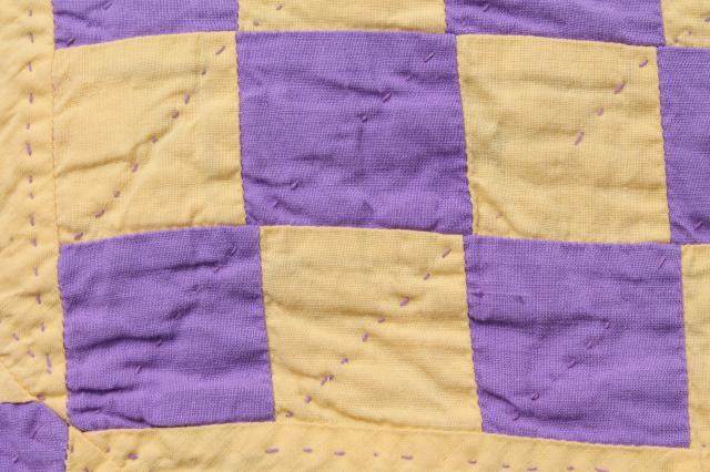 photo of handmade vintage cotton quilt star pattern in lemon yellow & grape purple lavender #11