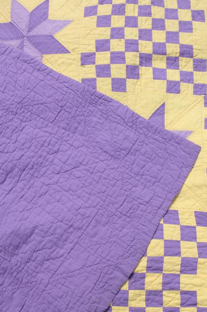 photo of handmade vintage cotton quilt star pattern in lemon yellow & grape purple lavender #12