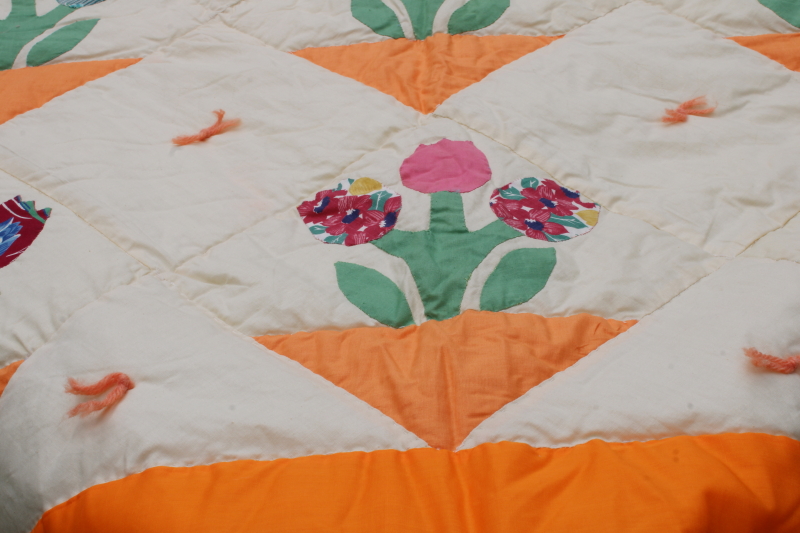 photo of handmade vintage cotton quilt tulips applique blocks colorful prints w/ orange border  #2