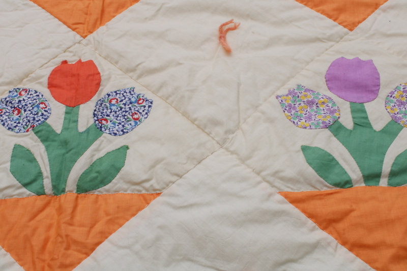 photo of handmade vintage cotton quilt tulips applique blocks colorful prints w/ orange border  #3