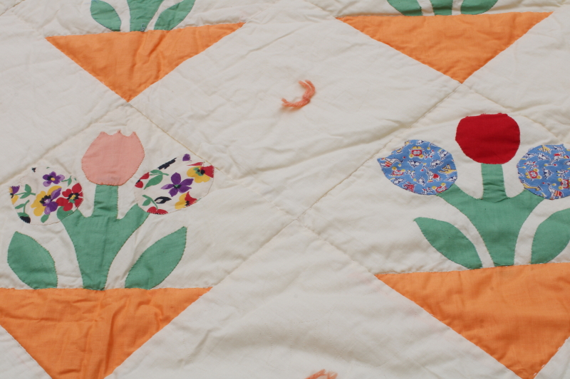 photo of handmade vintage cotton quilt tulips applique blocks colorful prints w/ orange border  #4