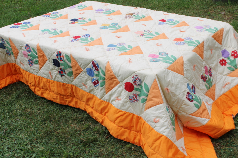 photo of handmade vintage cotton quilt tulips applique blocks colorful prints w/ orange border  #5