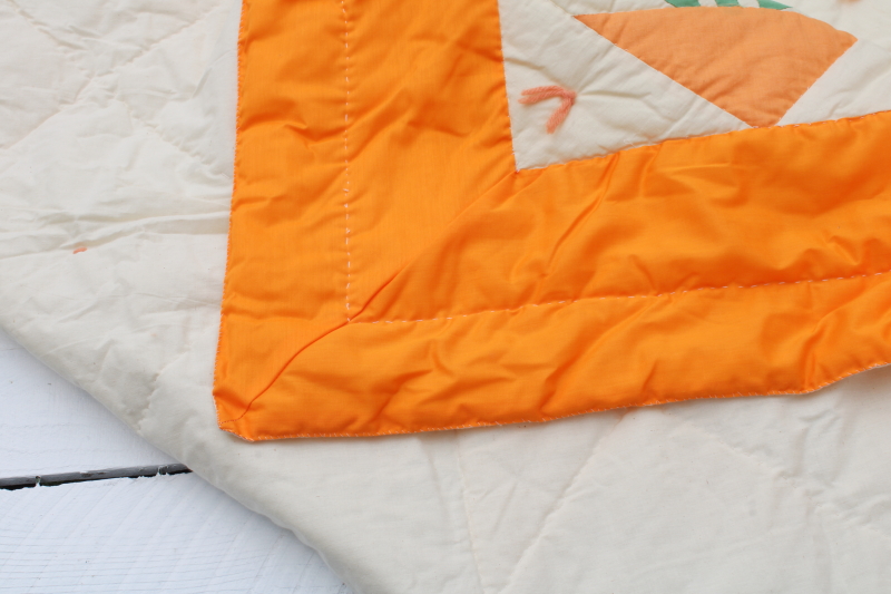 photo of handmade vintage cotton quilt tulips applique blocks colorful prints w/ orange border  #6