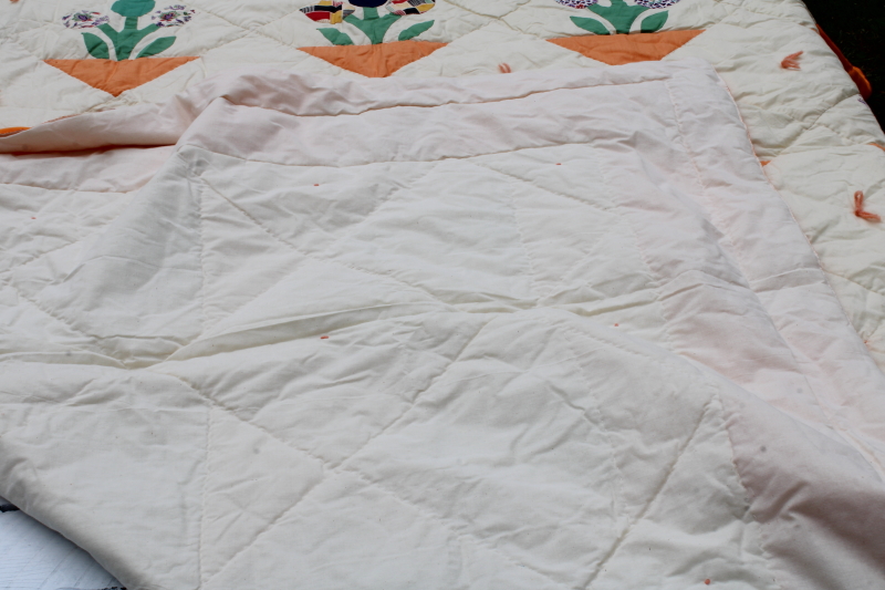 photo of handmade vintage cotton quilt tulips applique blocks colorful prints w/ orange border  #7