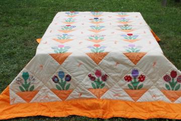 handmade vintage cotton quilt tulips applique blocks colorful prints w/ orange border 