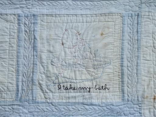 photo of handmade vintage crib quilt, baby's day embroidered blocks, 1940s 50s #1