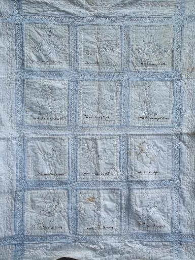 photo of handmade vintage crib quilt, baby's day embroidered blocks, 1940s 50s #2