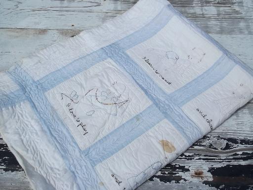 photo of handmade vintage crib quilt, baby's day embroidered blocks, 1940s 50s #5