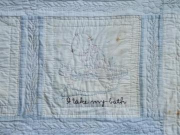 catalog photo of handmade vintage crib quilt, baby's day embroidered blocks, 1940s 50s