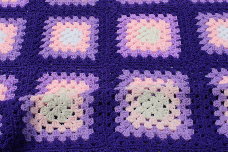 photo of handmade vintage crochet afghan, retro granny squares in purple lavender & pink  #2