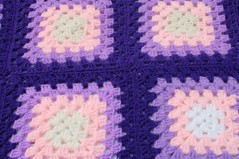 photo of handmade vintage crochet afghan, retro granny squares in purple lavender & pink  #3