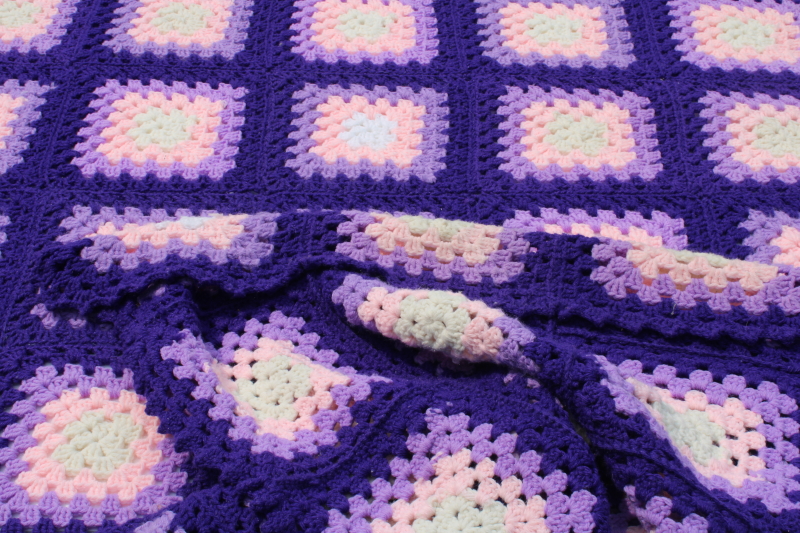 photo of handmade vintage crochet afghan, retro granny squares in purple lavender & pink  #4