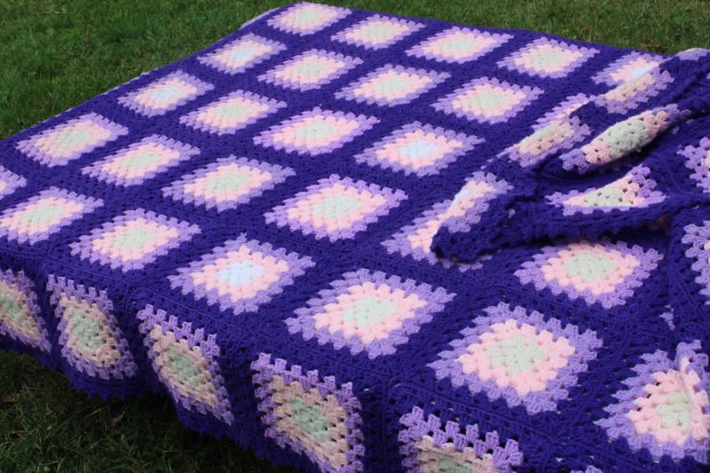 photo of handmade vintage crochet afghan, retro granny squares in purple lavender & pink  #5