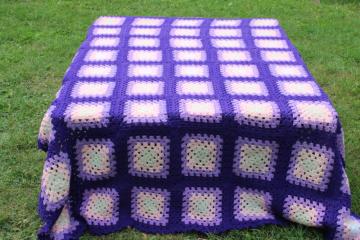 catalog photo of handmade vintage crochet afghan, retro granny squares in purple lavender & pink 
