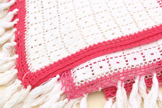 photo of handmade vintage crochet cotton lace bedspread, lacy white blocks w/ pink #3