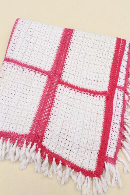 photo of handmade vintage crochet cotton lace bedspread, lacy white blocks w/ pink #4