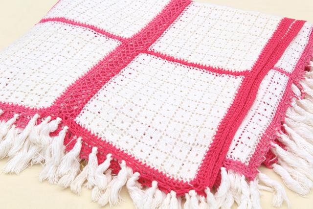 photo of handmade vintage crochet cotton lace bedspread, lacy white blocks w/ pink #5