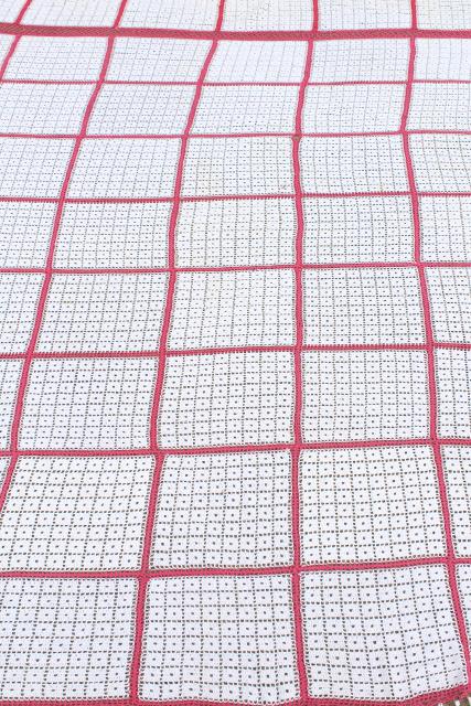 photo of handmade vintage crochet cotton lace bedspread, lacy white blocks w/ pink #6