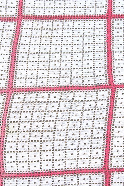 photo of handmade vintage crochet cotton lace bedspread, lacy white blocks w/ pink #7