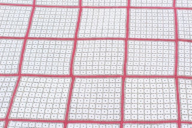 photo of handmade vintage crochet cotton lace bedspread, lacy white blocks w/ pink #8