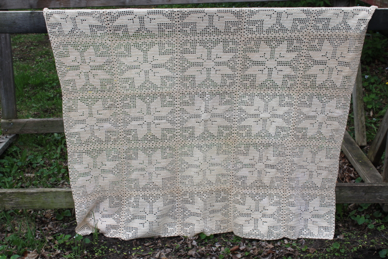 photo of handmade vintage crochet lace curtain or tablecloth, quilt star blocks pattern country cottagecore #1