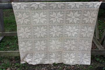 catalog photo of handmade vintage crochet lace curtain or tablecloth, quilt star blocks pattern country cottagecore 