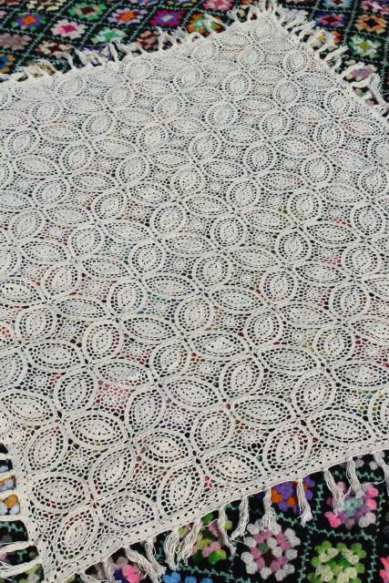 photo of handmade vintage crochet lace table cover, tablecloth or lacy throw, heavy fringed cotton lace #1