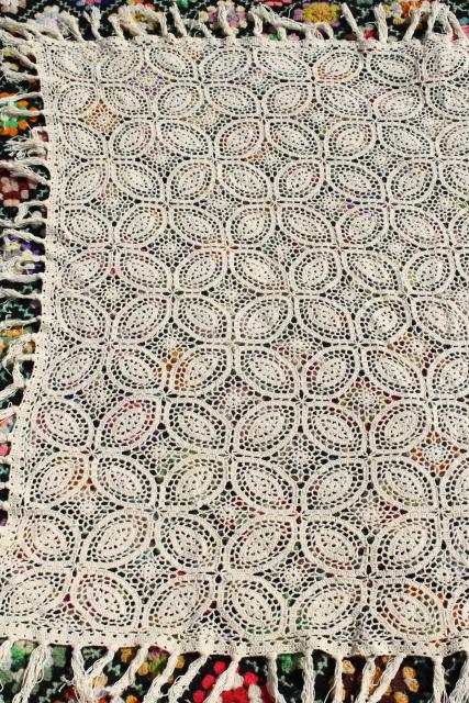 photo of handmade vintage crochet lace table cover, tablecloth or lacy throw, heavy fringed cotton lace #3