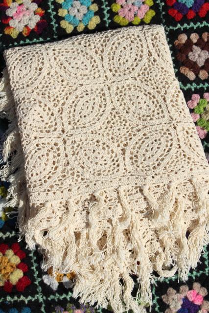 photo of handmade vintage crochet lace table cover, tablecloth or lacy throw, heavy fringed cotton lace #7
