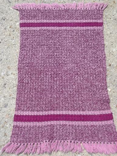 photo of handmade vintage fringed crochet cotton throw rug, pink and wine purple #1