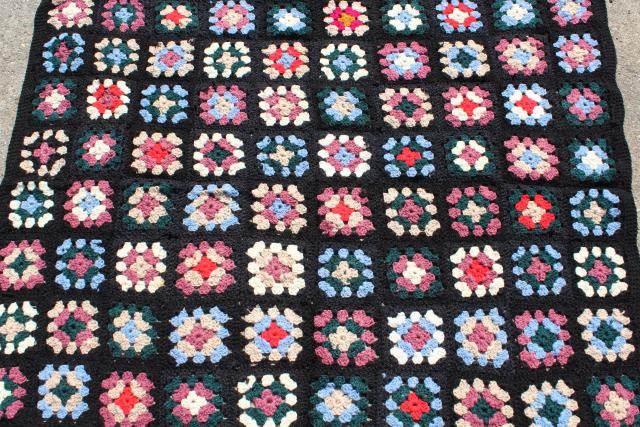 photo of handmade vintage granny square crochet afghan, black w/ retro 80s colors #3